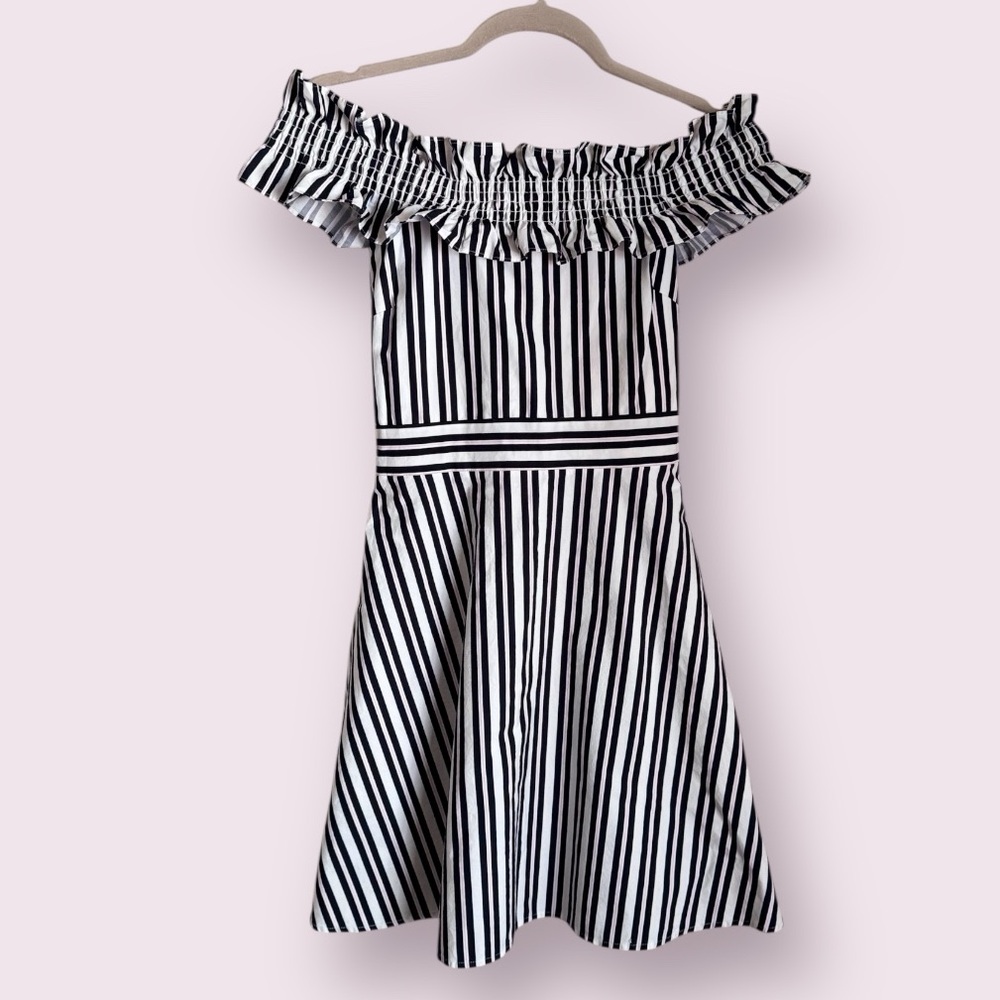 Kate Spade Candy Stripe Off The Shoulder Ruffle Fit and Flare Mini Dress Size 0